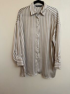 Zara Oversized Satin Beige & White Stripe Button-Up Shirt
